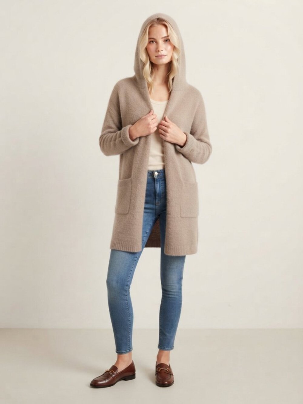 TAHARI Hooded Open-Front Longline Cardigan with Patch Pockets Tan Medium #A4563